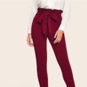 Burgundy Casual Frill Trim Bow Belted Detail
